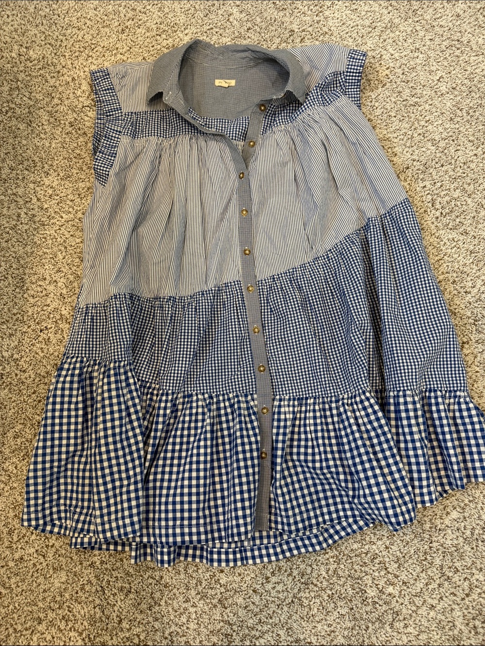 Pilcro Blue and White Gingham & Stripe Tiered Shirt Dress